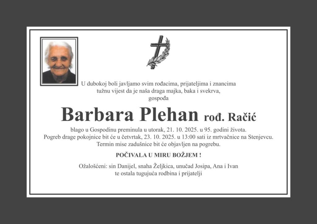 Barbara Plehan osmrtnica D60 Katolička