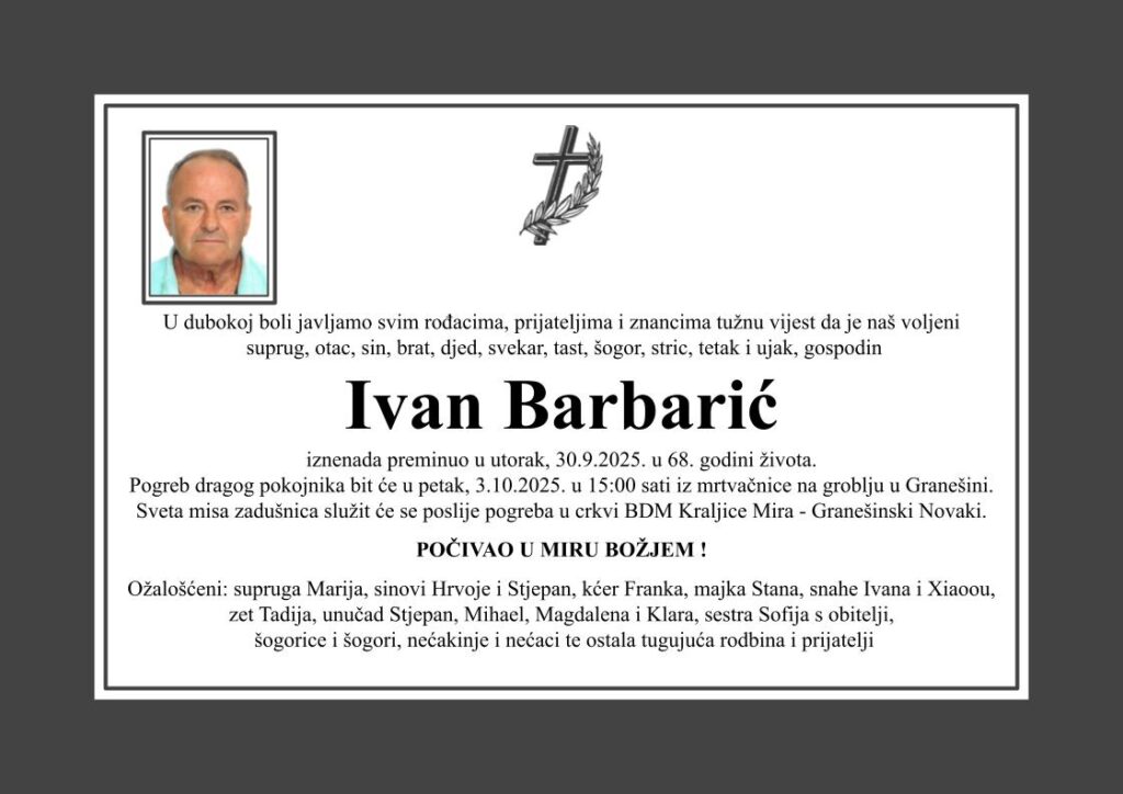 Ivan Barbarić Muška osmrtnica D60 Katolička
