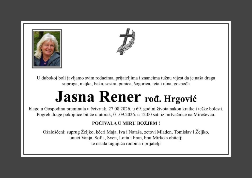 Jasna Rener Ženska osmrtnica D60 Katolička