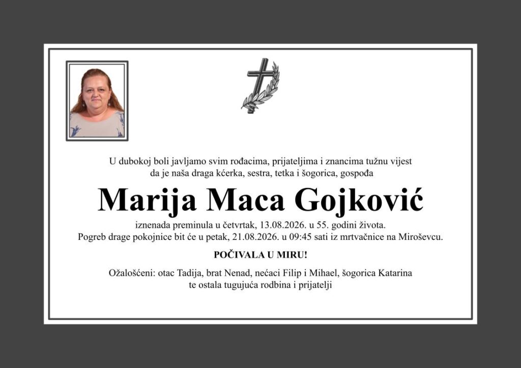 Marija Maca Gojković Ženska osmrtnica D60 Katolička